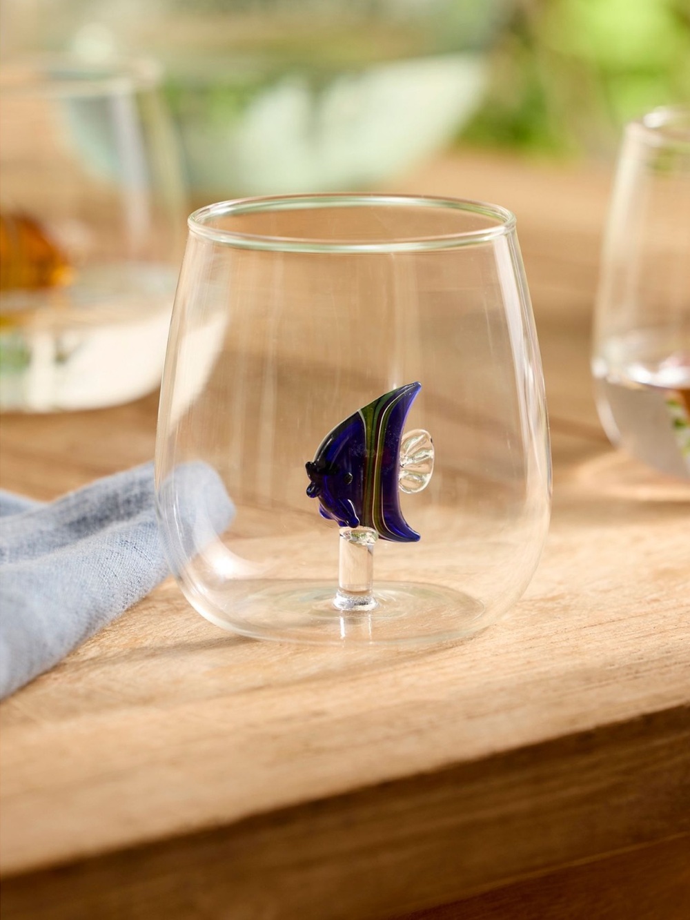 Anthropologie Fish Glass Icon Stemless Wine New Blue Fish Angelfish Set of 2